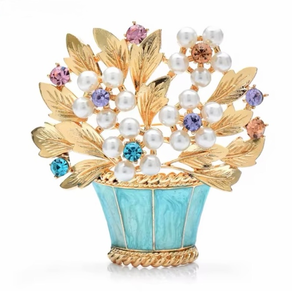 Elegant Gold and Blue Floral Brooch.